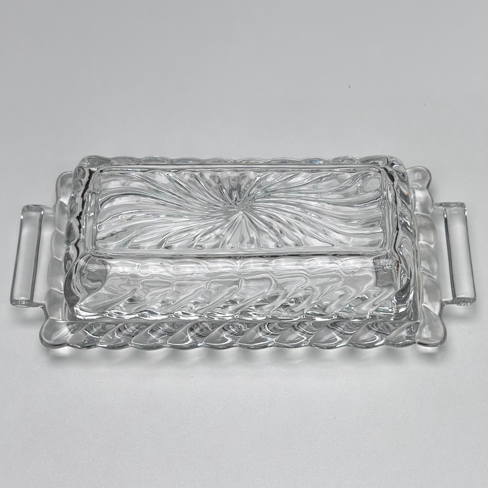 Vintage Clear Pressed Glass Butter Dish Sunburst Swirl Pattern Handled Tray Lid